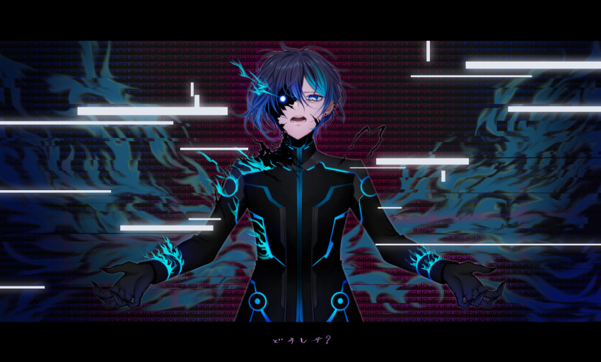 1boy, artistic_error, black_hair, blue_eyes, blue_hair, chocolate4170615, colored_tips, corruption