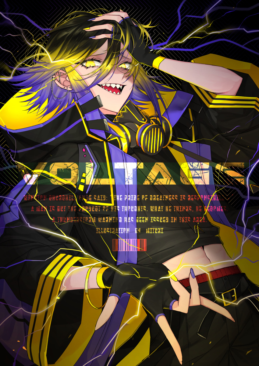 1boy, absurdres, asymmetrical_sleeves, belt, blonde_hair, blue_hair, brown_hair, chocolate4170615