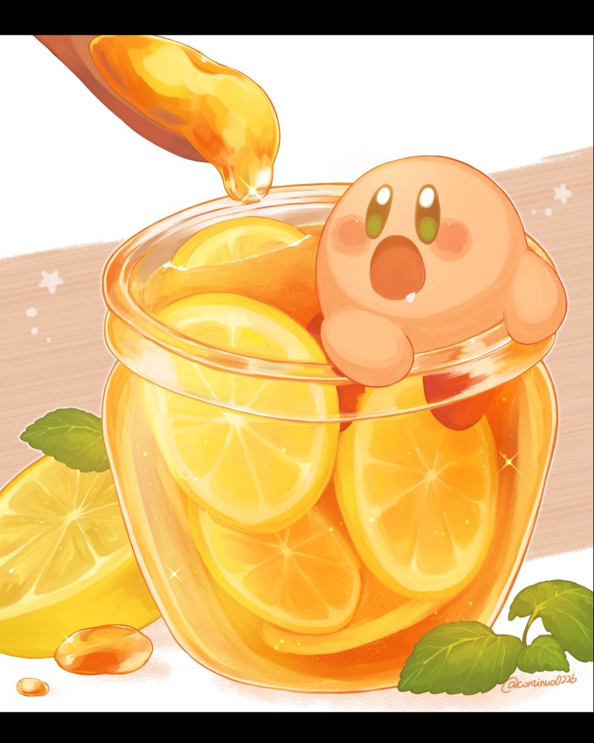 blush_stickers, commentary_request, continuo0226, drooling, food, food_focus, fruit, highres, honey, in_container, in_food, in_jar, jar, kirby, kirby_(series), leaf, lemon, lemon_slice, letterboxed, nintendo, no_humans, open_mouth, solo, spoon, star_(symbol), twitter_username