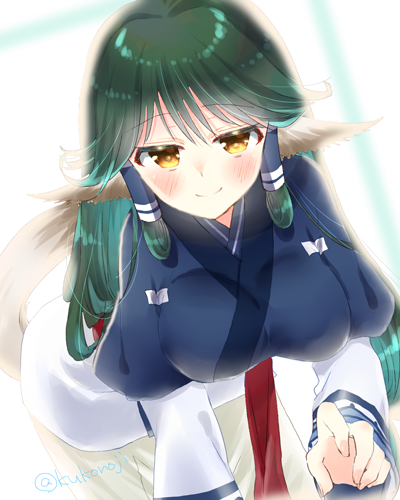 1girl, aged_up, ainu_clothes, all_fours, animal_ears, aquaplus, arm_up, aruruu, bent_over, black_hair, blush, breasts, closed_mouth, cowboy_shot, dress, fingernails, gradient_eyes, hair_between_eyes, hair_over_shoulder, kukonoji, large_breasts, layered_sleeves, long_hair, long_sleeves, looking_at_viewer, lowres, multicolored_eyes, orange_eyes, raised_eyebrows, sidelocks, smile, solo, tail, utawarerumono, utawarerumono:_itsuwari_no_kamen, very_long_hair, wide_sleeves