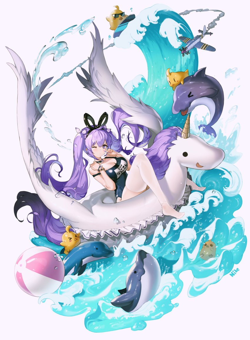 1girl, absurdres, aged_up, aircraft, airplane, alternate_costume, azur_lane, ball, beachball, bracelet, breasts, cleavage, commentary, dolphin, hair_ribbon, highres, innertube, jewelry, large_breasts, looking_at_viewer, manjuu_(azur_lane), nike_(nike1060), one-piece_swimsuit, one_eye_closed, purple_eyes, purple_hair, ribbon, school_swimsuit, solo, surfboard, surfing, swim_ring, swimsuit, thighhighs, unicorn, unicorn_(azur_lane), water, waves, westland_wyvern, white_background, white_thighhighs, winged_unicorn
