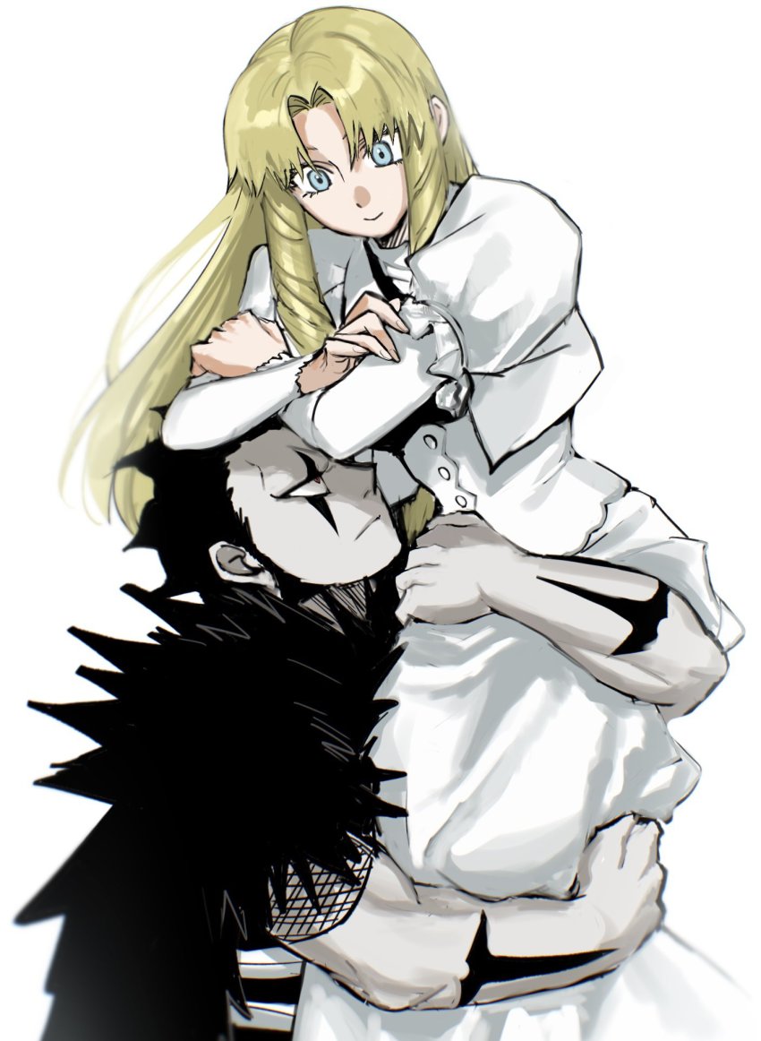 1boy, 1girl, arm_tattoo, black_hair, blonde_hair, blue_eyes, brago_(konjiki_no_gash!!), closed_mouth