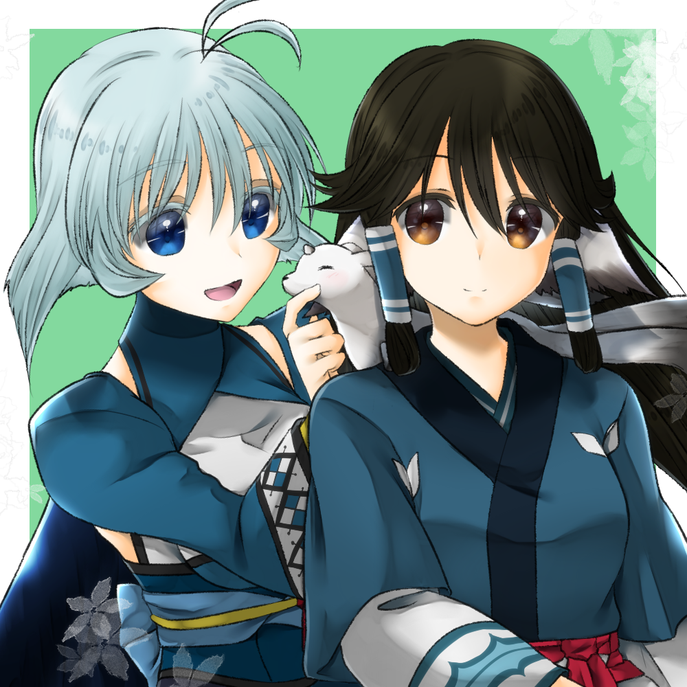 2girls, aged_up, ahoge, ainu_clothes, animal, animal_ears, aquaplus, aruruu