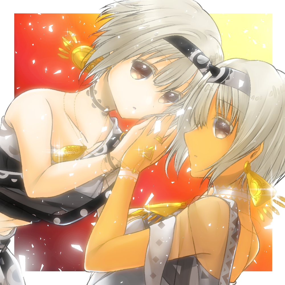 2girls, ainu_clothes, aquaplus, breasts, breezefu00, collarbone, crop_top, dark-skinned_female, dark_skin, earrings, family, gradient_eyes, grey_eyes, grey_hair, hairband, jewelry, medium_breasts, midriff, multicolored_eyes, multiple_girls, neck_tattoo, saraana, see-through_clothes, see-through_sleeves, siblings, sisters, tail, tattoo, twins, upper_body, uruuru, utawarerumono, utawarerumono:_itsuwari_no_kamen, wrist_tattoo