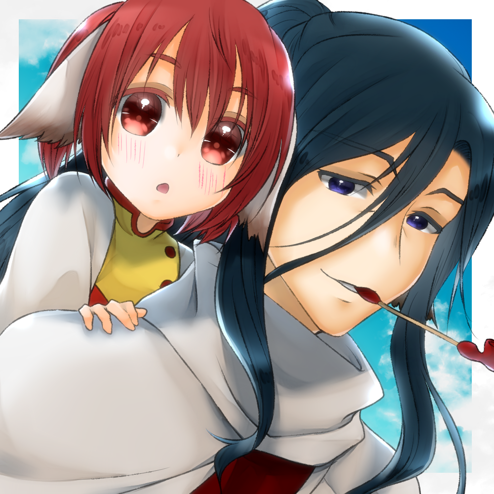 1boy, 1girl, age_difference, animal_ears, aquaplus, blue_eyes, blue_hair, blush