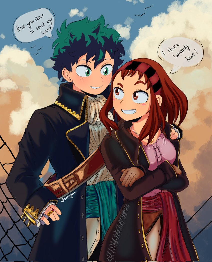 1boy, 1girl, boku_no_hero_academia, brown_eyes, brown_hair, couple, freckles, green_eyes