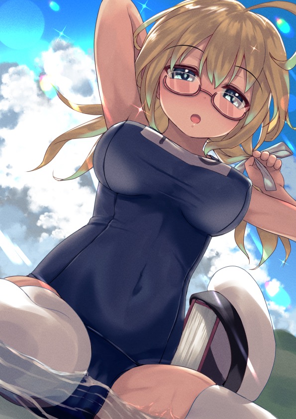 1girl, ahoge, blonde_hair, blue_eyes, book, breasts, cloud, cloudy_sky