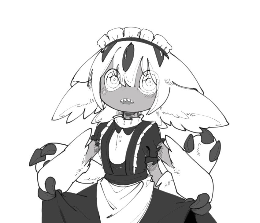 1girl, alternate_costume, animal_ears, apron, blush, body_fur, buttons, chinese_commentary, claws, commentary_request, cowboy_shot, dark-skinned_female, dark_skin, enmaided, extra_arms, faputa, fewer_digits, flat_color, frilled_shirt_collar, frills, funeralll_black, greyscale, hair_between_eyes, hatching_(texture), highres, holding_own_dress, looking_at_viewer, made_in_abyss, maid, maid_headdress, medium_hair, monochrome, open_mouth, sharp_teeth, short_sleeves, simple_background, sketch, solo, teeth, waist_apron