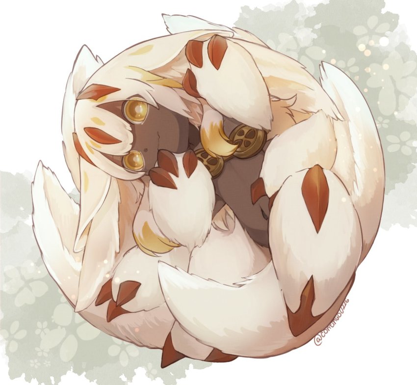 1girl, blonde_hair, bright_pupils, claws, closed_mouth, commentary_request, continuo0226, dark-skinned_female, dark_skin, extra_arms, eyes_visible_through_hair, faputa, fewer_digits, floral_background, full_body, grey_background, hands_up, head_tilt, long_hair, looking_at_viewer, made_in_abyss, multiple_tails, navel, sidelocks, solo, tail, twitter_username, wavy_hair, white_background, white_fur, white_hair, white_tail, yellow_eyes