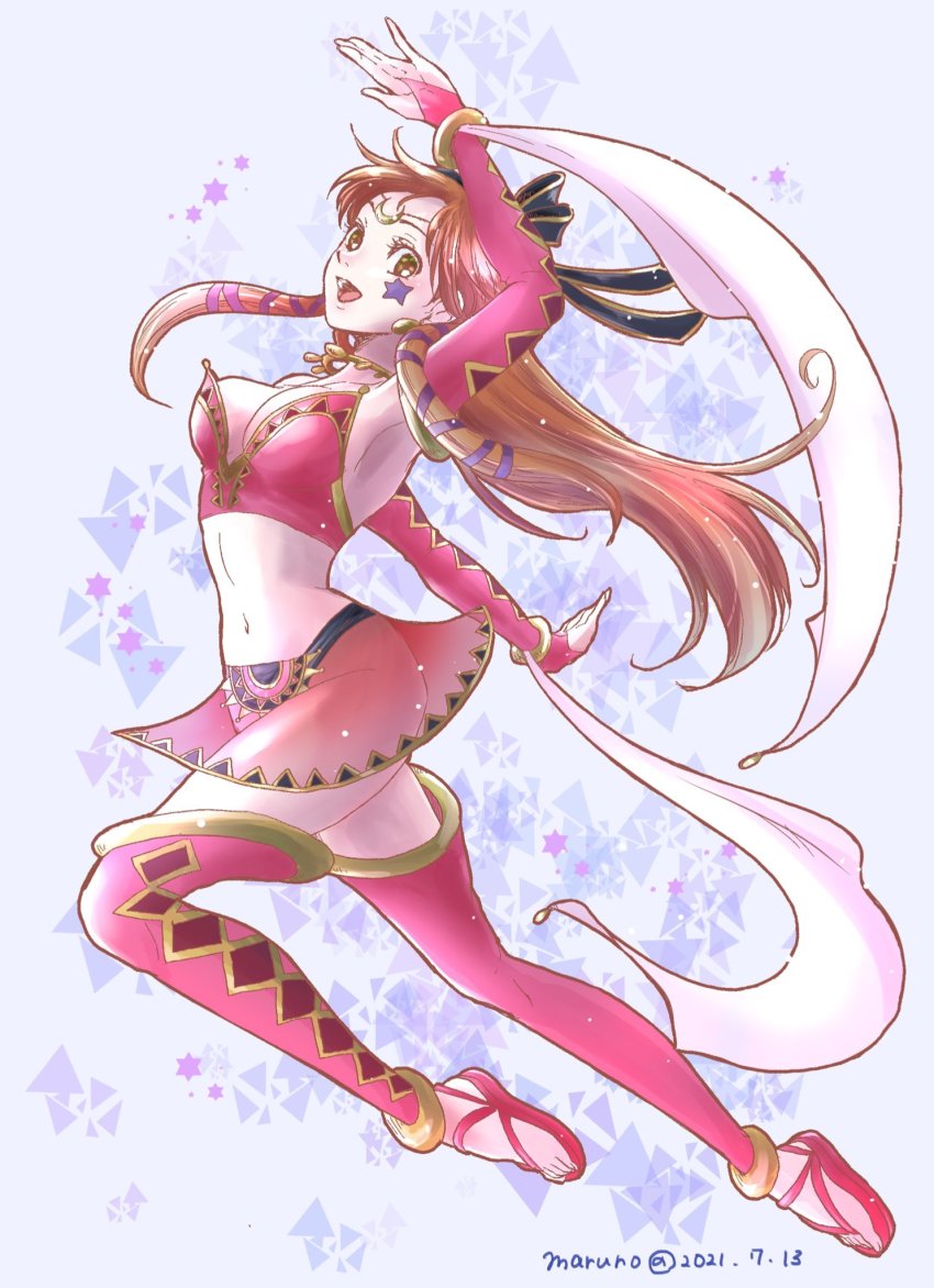 1girl, argyle_clothes, argyle_thighhighs, arm_above_head, blue_background, breasts, brown_eyes, brown_hair