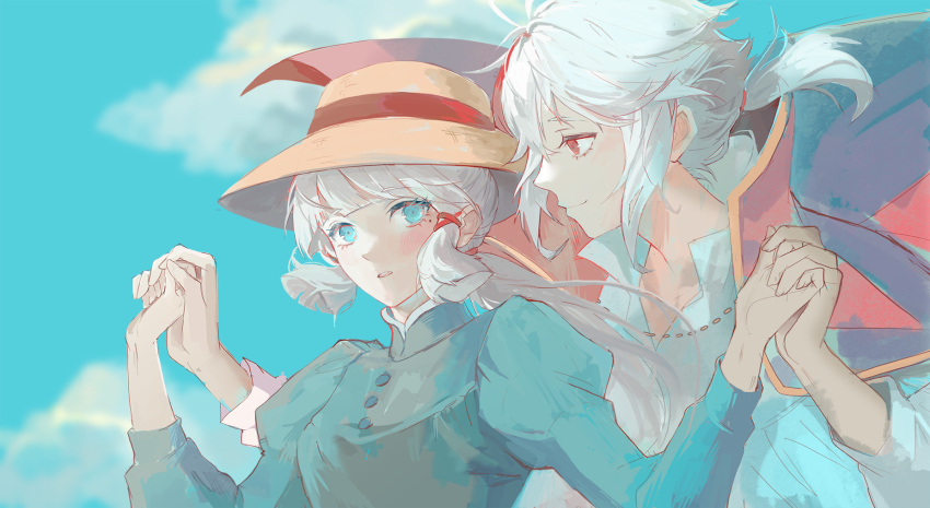 1boy, 1girl, ayaka_(genshin_impact), blue_eyes, blue_hair, blue_sky, blush, cape