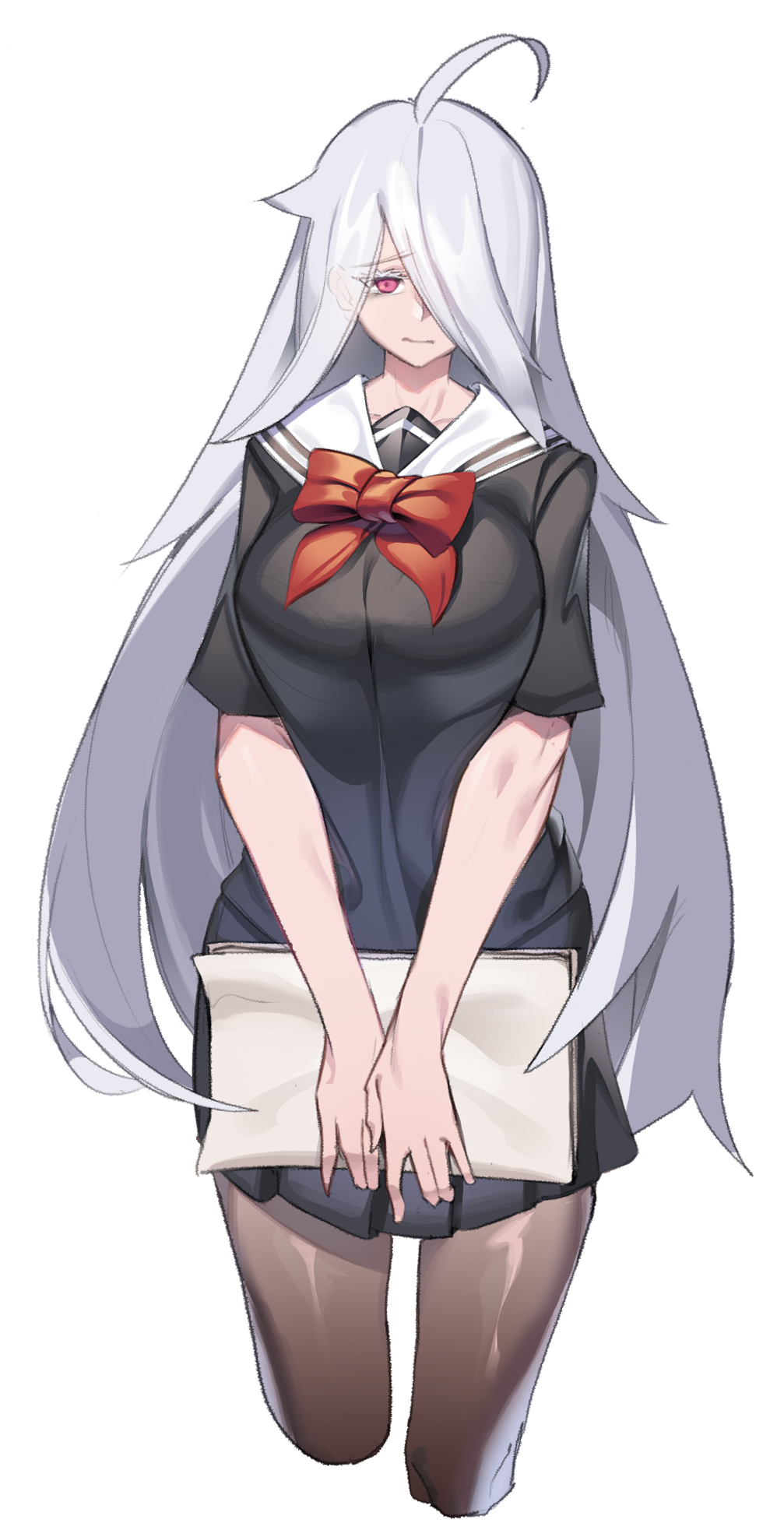 1girl, ahoge, black_skirt, bow, breasts, brown_pantyhose, cacaco, chiara_(cacaco), closed_mouth, cropped_legs, ears_visible_through_hair, eyes_visible_through_hair, grey_hair, hair_over_one_eye, highres, holding, holding_paper, large_breasts, long_hair, original, pantyhose, paper, purple_eyes, red_bow, school_uniform, serafuku, simple_background, skirt, solo, white_background