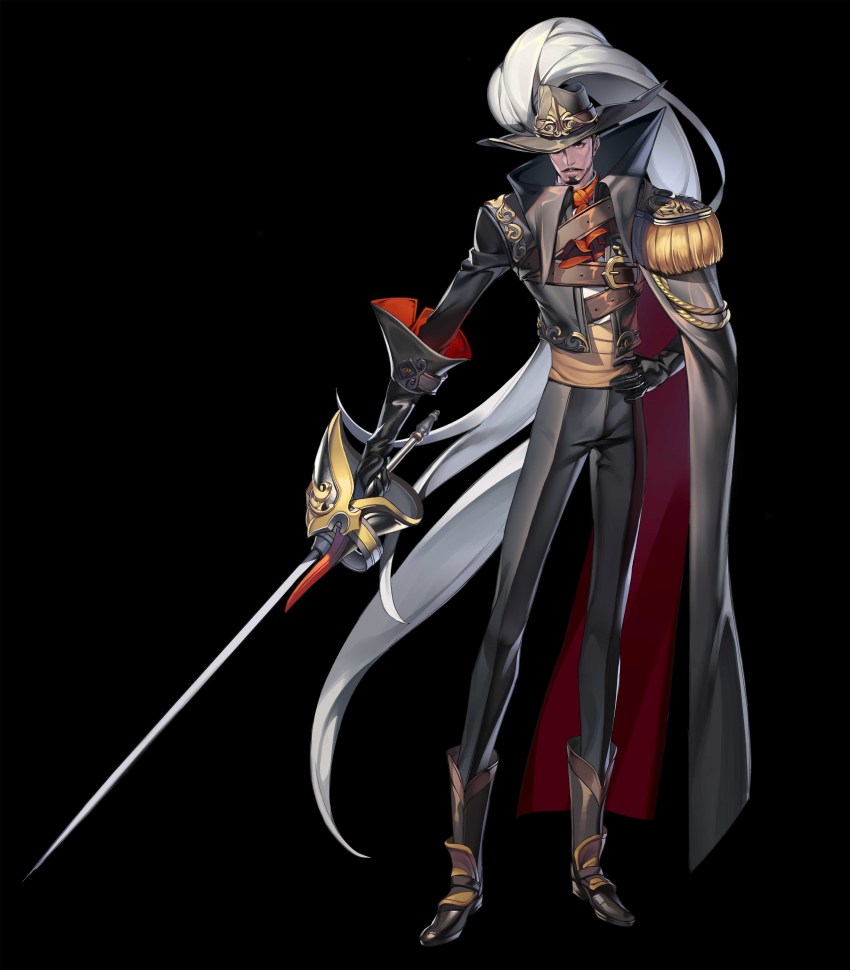 1boy, absurdres, black_cape, black_gloves, black_hat, boots, brown_boots, cacaco, cape, facial_hair, gloves, hand_on_own_hip, hat, hat_over_one_eye, highres, holding, holding_sword, holding_weapon, male_focus, multicolored_cape, mustache, original, plume, rapier, red_cape, red_eyes, solo, standing, sword, two-tone_cape, weapon, zorro