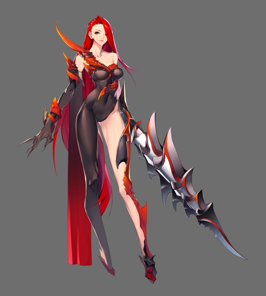 1girl, absurdres, armor, bare_shoulders, between_breasts, black_gloves, bracelet, breasts