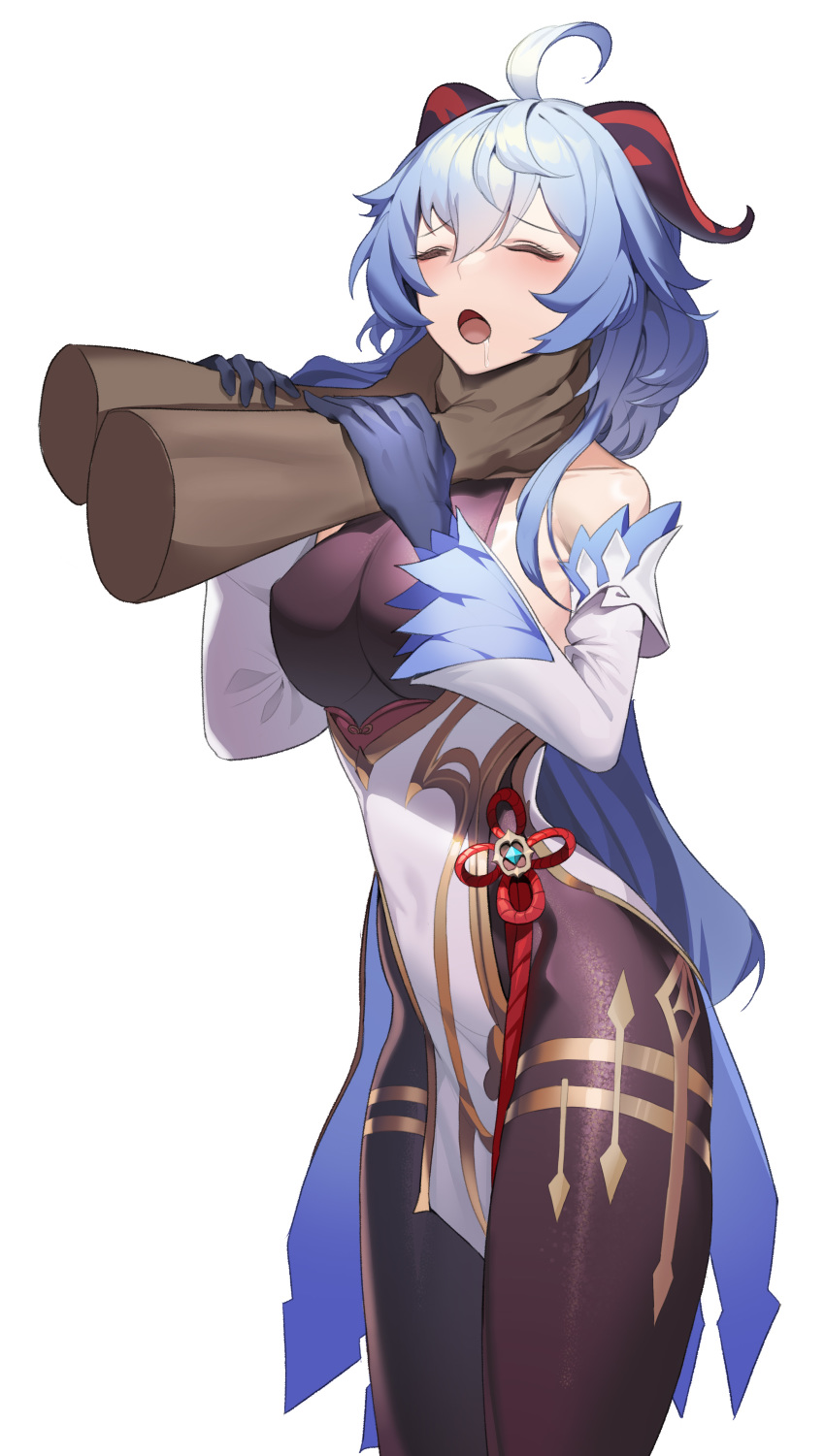 1boy, 1girl, absurdres, ahoge, bare_shoulders, black_horns, blue_gem, blue_gloves, blue_hair, blush, cacaco, closed_eyes, collarbone, covered_erect_nipples, covered_navel, dark-skinned_male, dark_skin, drooling, ganyu_(genshin_impact), gem, genshin_impact, gloves, goat_horns, gradient_clothes, hair_between_eyes, highres, horns, light_blue_hair, long_hair, open_mouth, saliva, solo_focus, strangling, tongue, very_long_hair, vision_(genshin_impact)
