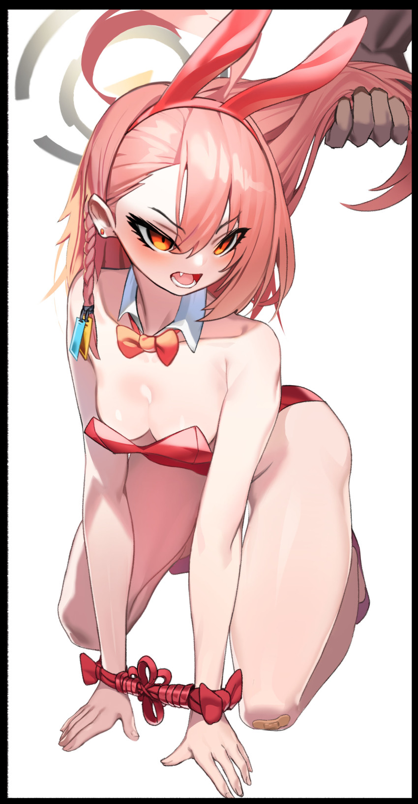 1boy, 1girl, absurdres, all_fours, animal_ears, bandaid, bandaid_on_knee, bandaid_on_leg, black_border, blue_archive, border, bound, bound_wrists, bow, braid, cacaco, collarbone, dark-skinned_male, dark_skin, earrings, eyelashes, eyes_visible_through_hair, fake_animal_ears, fang, grabbing_another's_hair, hair_between_eyes, halo, highres, holding_another's_hair, jewelry, long_eyelashes, long_hair, lower_teeth_only, neru_(blue_archive), neru_(bunny)_(blue_archive), open_mouth, orange_bow, orange_eyes, pink_hair, playboy_bunny, rabbit_ears, restrained, shiny_skin, single_earring, solo_focus, stud_earrings, teeth, tongue