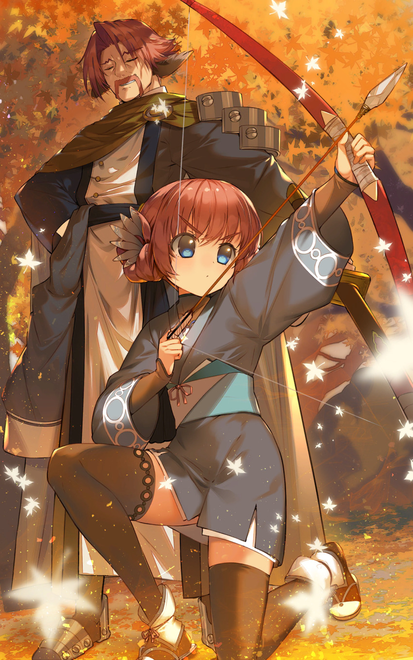 aged_down, ainu_clothes, animal_ears, aquaplus, armor, arrow_(projectile), artist_request, autumn_leaves, blue_eyes, boots, bow_(weapon), braid, breasts, closed_mouth, facial_hair, family, father_and_child, father_and_daughter, from_below, from_side, full_body, genho_(utawarerumono), gradient_eyes, hair_between_eyes, height_difference, highres, holding, holding_arrow, holding_bow_(weapon), holding_weapon, japanese_clothes, kimono, leaf, long_sleeves, military, military_uniform, multicolored_eyes, mustache, nose, nosuri, official_art, outdoors, parent_and_child, raised_eyebrows, red_hair, short_hair, shoulder_armor, sidelocks, small_breasts, squatting, thighhighs, thighs, tree, utawarerumono, utawarerumono:_futari_no_hakuoro, utawarerumono:_itsuwari_no_kamen, utawarerumono:_lost_flag, weapon, wide_sleeves, wrinkled_skin