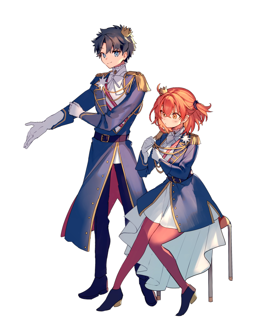 1boy, 1girl, ahoge, aiguillette, belt, black_footwear, black_hair, black_pants