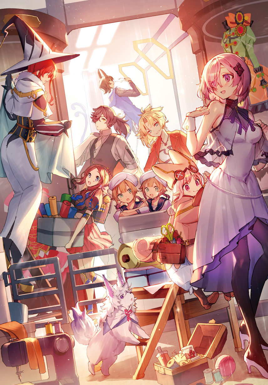 2boys, 4girls, arjuna_(fate), arjuna_alter_(fate), arjuna_alter_(student_council_president)_(fate), black_hair, black_legwear, black_vest