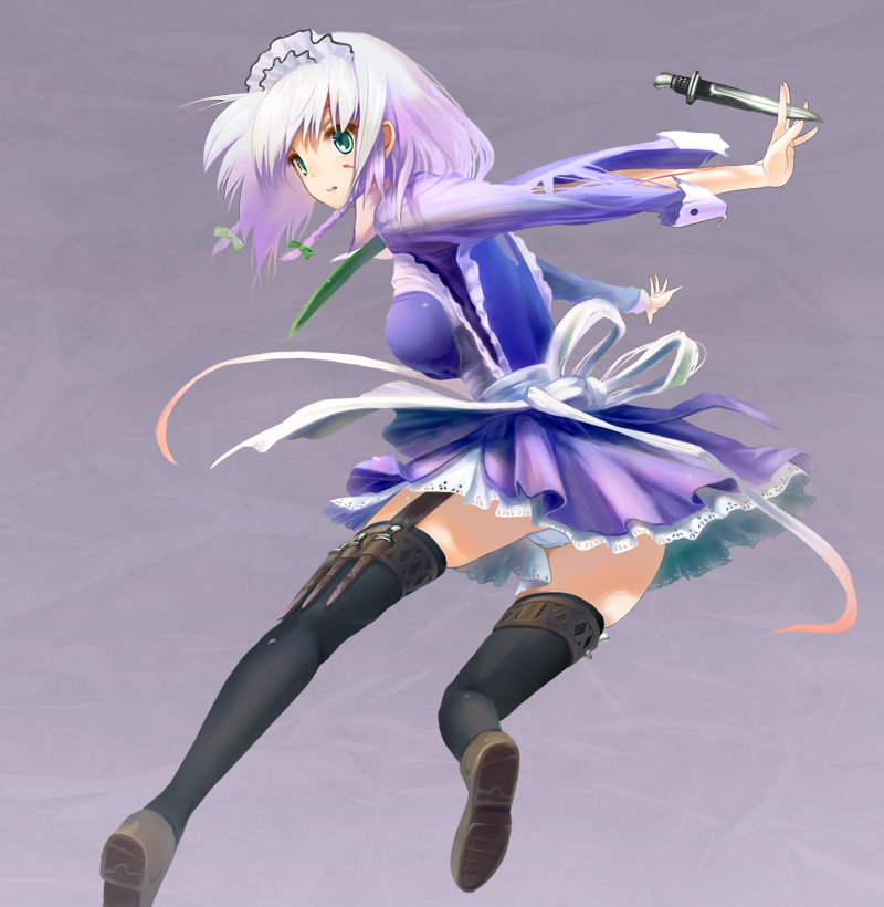 1girl, apron, black_thighhighs, blood, blue_dress, blue_skirt, braid, dress, female_focus, garter_belt, garter_straps, green_eyes, holster, izayoi_sakuya, knife, looking_back, maid, maid_apron, maid_headdress, panties, pantyshot, petticoat, saku-tirum, shoes, short_dress, short_hair, silver_hair, skirt, solo, standing, thigh_holster, thigh_strap, thighhighs, throwing_knife, torn_clothes, touhou, twin_braids, underwear, weapon, white_panties