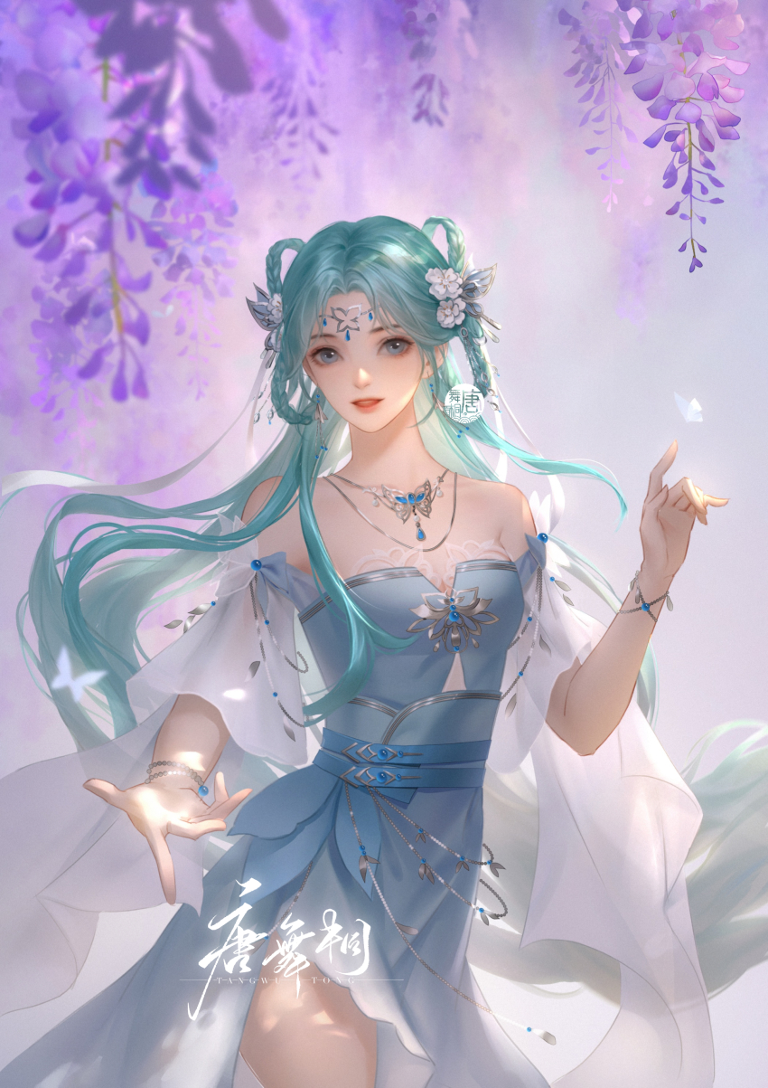 1girl, absurdres, bare_shoulders, blue_dress, blue_hair, bracelet, douluo_dalu, dress