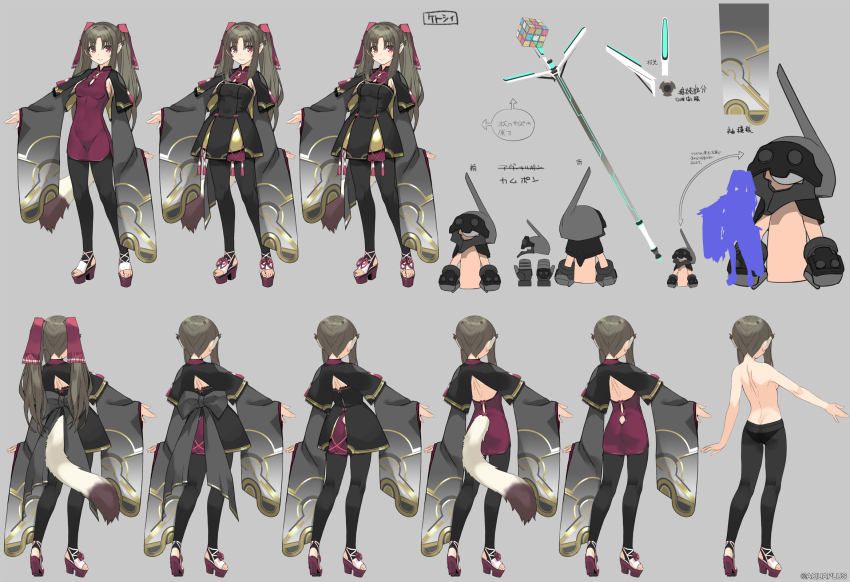 1girl, absurdly_long_hair, aged_up, ainu_clothes, amazuyu_tatsuki, animal_ears, aquaplus, ass, back, backless_outfit, bare_arms, bare_shoulders, blush, breasts, breasts_out, brown_hair, cait_sith_(utawarerumono:_lost_flag), closed_mouth, concept_art, dress, from_behind, full_body, gradient_eyes, gradient_hair, hair_ribbon, high_heels, highres, long_hair, long_sleeves, long_twintails, looking_at_viewer, medium_breasts, mole, mole_under_eye, multicolored_eyes, multicolored_hair, multiple_views, nekone_(utawarerumono), official_art, pantyhose, parted_bangs, raised_eyebrows, red_eyes, ribbon, smile, standing, tail, toned, toned_female, topless_female, translation_request, twintails, unworn_clothes, utawarerumono, utawarerumono:_itsuwari_no_kamen, utawarerumono:_lost_flag, very_long_hair, wide_sleeves