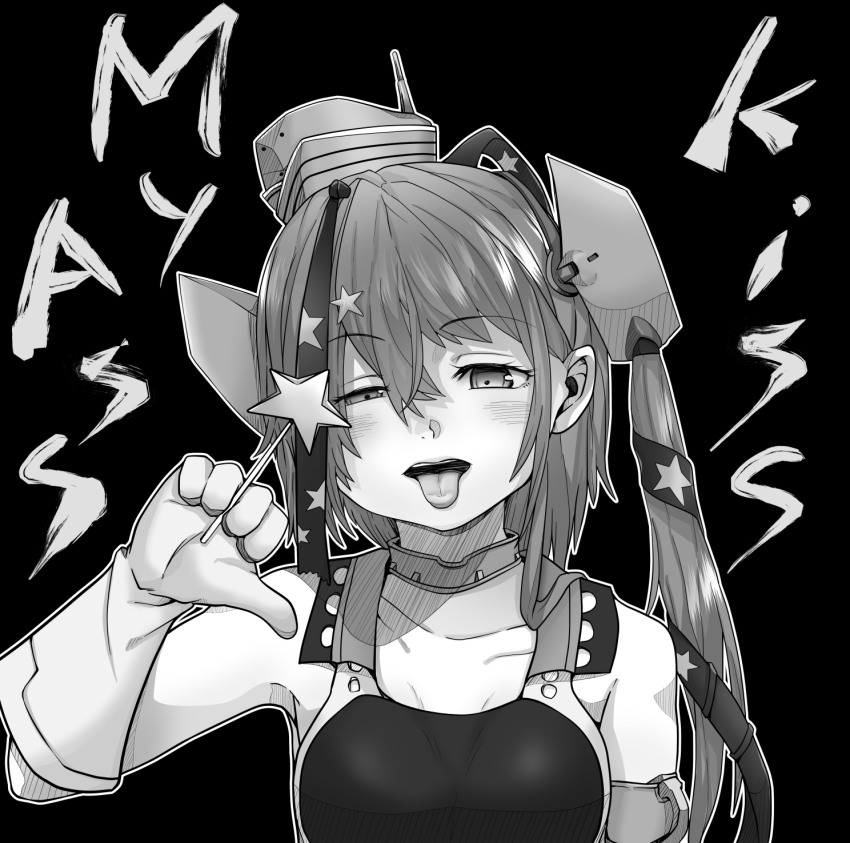 1girl, breasts, candy, collarbone, competition_swimsuit, english_text, food, garrison_cap