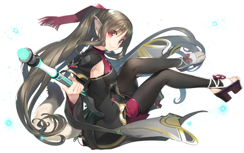 1girl, absurdly_long_hair, aged_up, ainu_clothes, amazuyu_tatsuki, animal_ears, aquaplus, blush, breasts, brown_hair, cait_sith_(utawarerumono:_lost_flag), cleavage, closed_mouth, dress, eyes_visible_through_hair, feet, from_side, full_body, gradient_eyes, hair_between_eyes, hair_over_one_eye, high_heels, highres, holding, holding_staff, holding_weapon, legs_up, lips, long_hair, long_sleeves, long_twintails, looking_at_viewer, medium_breasts, mole, mole_under_eye, multicolored_eyes, nekone_(utawarerumono), official_art, pantyhose, pointy_ears, raised_eyebrows, red_eyes, sideboob, sidelocks, smile, solo, staff, staff_(weapon), tail, thick_thighs, thighs, toenails, toes, transparent_background, twintails, utawarerumono, utawarerumono:_itsuwari_no_kamen, utawarerumono:_lost_flag, very_long_hair, weapon, wide_sleeves