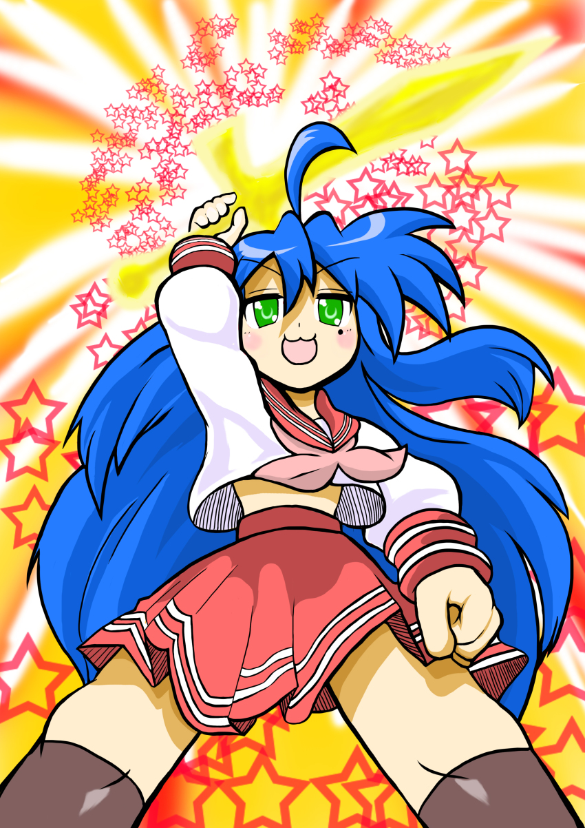 00s, 1girl, absurdres, ahoge, b-q, blue_hair, female_focus, green_eyes