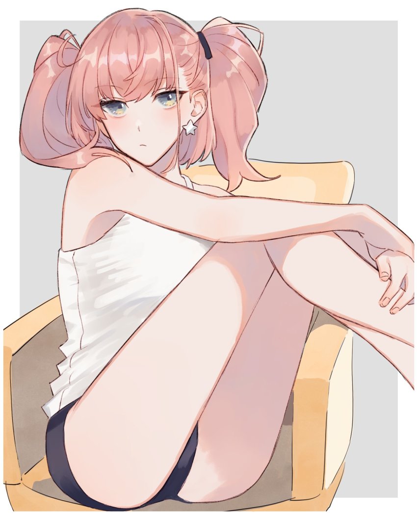 1girl, alternate_costume, atlanta_(kancolle), black_shorts, breasts, brown_hair, earrings, grey_background, grey_eyes, highres, jewelry, kantai_collection, large_breasts, long_hair, looking_at_viewer, shirt, short_shorts, shorts, sitting, sleeveless, sleeveless_shirt, solo, star_(symbol), star_earrings, su_konbu, two-tone_background, two_side_up, white_background, white_shirt