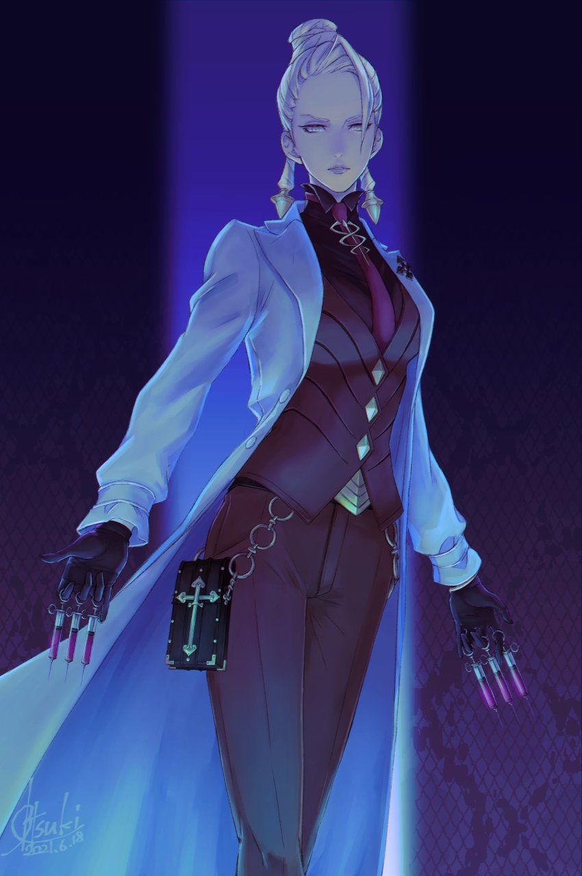 1girl, absurdres, ace_attorney, black_gloves, black_pants, caduceus, coat, courtney_sithe