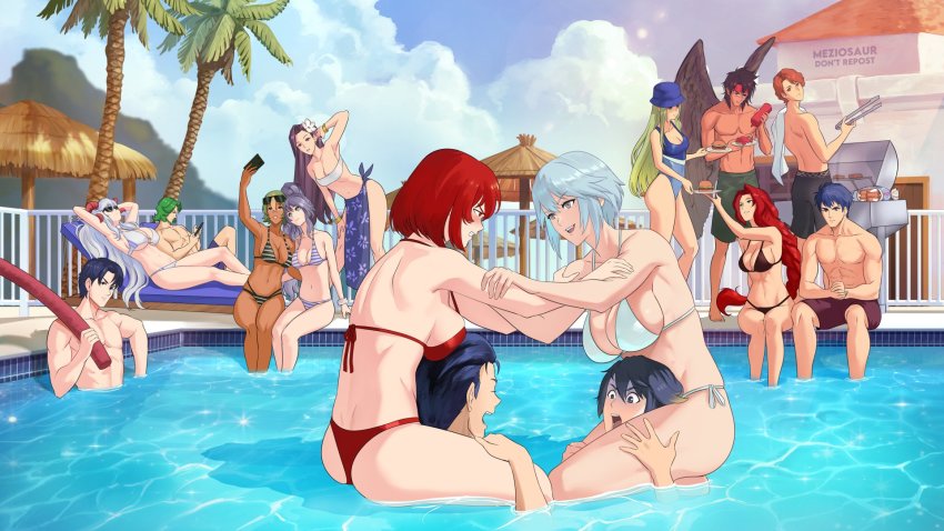 6+boys, 6+girls, alfonse_(fire_emblem), armpits, ass, bikini, black_hair, blue_hair, braid, braided_ponytail, breast_press, breast_rest, breasts, carrying, choke_hold, cleavage, dagr_(fire_emblem), dark-skinned_female, dark_skin, ferdinand_von_aegir, fire_emblem, fire_emblem:_mystery_of_the_emblem, fire_emblem:_radiant_dawn, fire_emblem:_thracia_776, fire_emblem:_three_houses, fire_emblem_echoes:_shadows_of_valentia, fire_emblem_heroes, freyja_(fire_emblem), green_hair, grill, hat, highres, ishtar_(fire_emblem), laegjarn_(fire_emblem), long_hair, meziosaur, minerva_(fire_emblem), multiple_boys, multiple_girls, muscular, muscular_male, nephenee_(fire_emblem), nintendo, no_nipples, partially_submerged, pectorals, piggyback, pool, pool_noodle, python_(fire_emblem), red_hair, reinhardt_(fire_emblem), selfie, seteth_(fire_emblem), short_hair, smile, sonya_(fire_emblem_gaiden), strangling, swimsuit, tan, tibarn_(fire_emblem), titania_(fire_emblem), white_hair, zelgius_(fire_emblem)