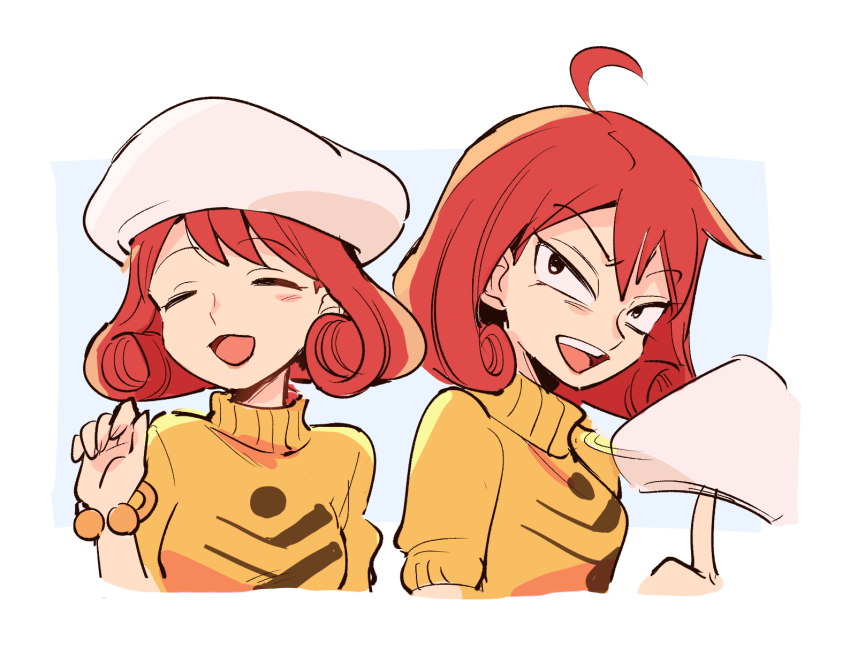 1girl, ace_attorney, beret, bracelet, capcom, closed_eyes, hat, highres, holding, holding_unworn_clothes, holding_unworn_hat, ini_miney, jewelry, mimi_miney, multiple_views, nono_(norabi), open_mouth, phoenix_wright:_ace_attorney_-_justice_for_all, red_hair, smile, sweater, unworn_hat, unworn_headwear, white_hat, yellow_sweater