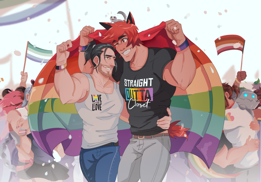 2boys, animal_ears, bara, belt, biceps, black_hair, blush, bracelet, confetti, couple, english_text, fang, flag, hand_on_another's_waist, highres, jewelry, large_pectorals, league_of_legends, leather_belt, lgbt_pride, looking_at_another, lou_host, male_focus, multiple_boys, muscular, muscular_arms, muscular_male, one_eye_closed, pants, pectorals, ponytail, rainbow_flag, red_hair, sett_(league_of_legends), shirt, size_difference, smile, spiked_hair, sylas_(league_of_legends), t-shirt, tail, tank_top, teeth, thick_eyebrows, thighs, tight_clothes, yaoi