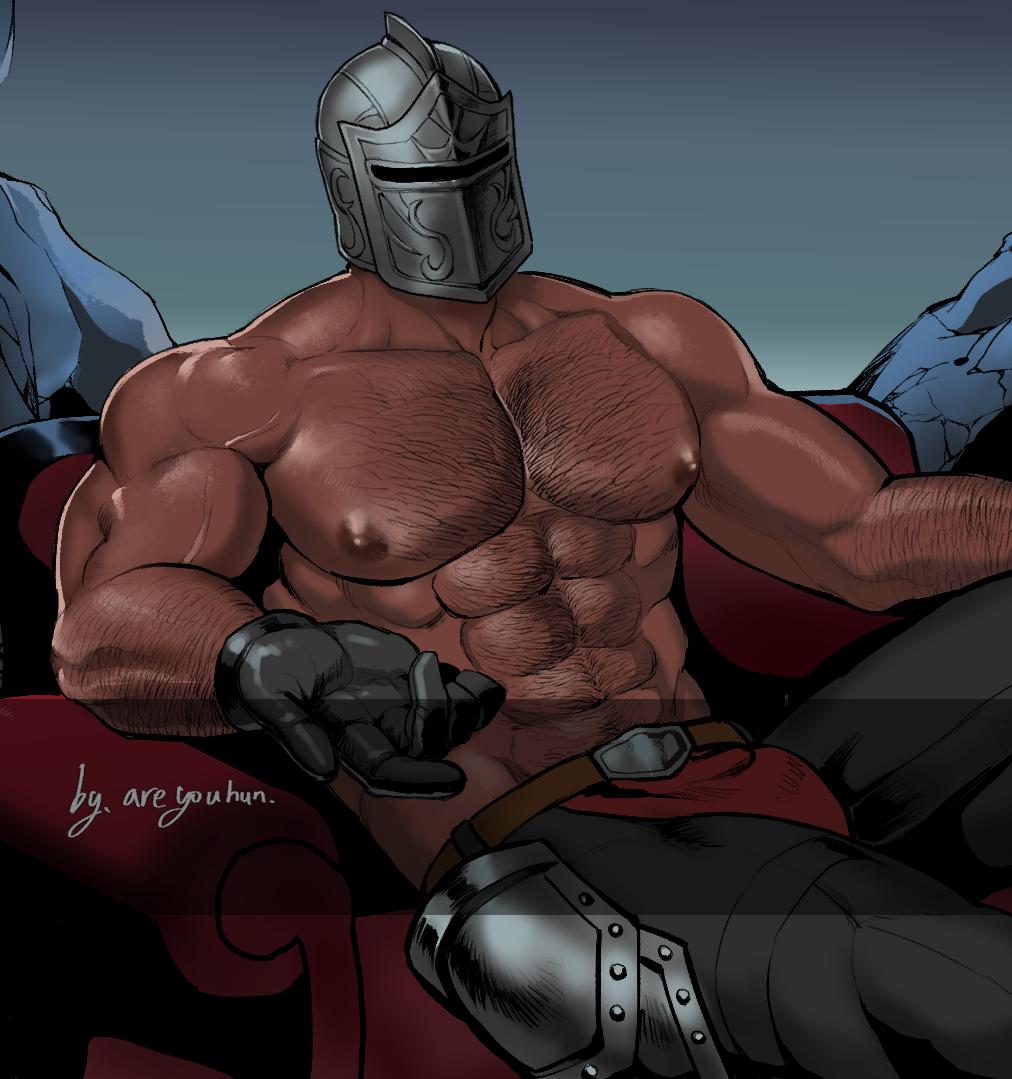 1boy, abs, areyouhun_(sleeplazycat), bara, biceps, chest_hair, commission, couch, covered_face, dark-skinned_male, dark_skin, elden_ring, gloves, hairy, helmet, large_pectorals, loincloth, male_focus, manly, mask, mature_male, muscular, muscular_arms, muscular_male, nipples, outdoors, pants, pectorals, rock, solo, the_elder_scrolls, the_elder_scrolls_online, topless_male, veins, veiny_arms