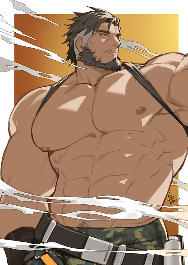 1boy, abs, armpits, artist_name, bara, beard, belt, black_hair