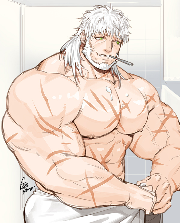 1boy, abs, artist_name, bara, bathroom, bear, biceps, facial_hair, fang, gomtang, green_eyes, kresnik_(housamo), large_pectorals, long_hair, looking_to_the_side, male_focus, manly, mature_male, muscular, muscular_arms, muscular_male, pectorals, scar, scar_across_eye, scar_on_arm, scar_on_chest, scar_on_face, scar_on_stomach, signature, smile, solo, tokyo_houkago_summoners, toothbrush, towel, towel_around_waist, veins, veiny_arms, white_hair