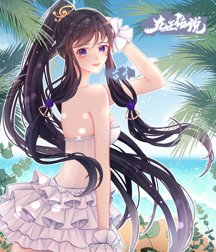 1girl, black_hair, douluo_dalu, dress, fern, from_side, gu_yue_(douluo_dalu), hair_ornament, hand_on_own_head, looking_back, ponytail, purple_eyes, sand, sidelocks, skirt, solo, strapless, strapless_dress, swimsuit, water, white_skirt, xiu_cheng_decadent