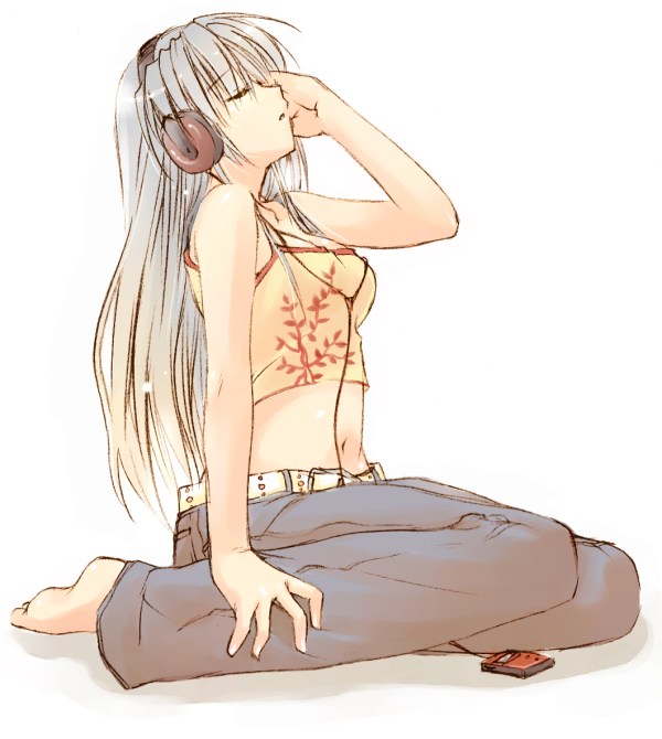 00s, 1girl, bad_id, bad_pixiv_id, bare_shoulders, barefoot, belt, breasts, camisole, clannad, closed_eyes, denim, feet, female_focus, full_body, gradient_hair, hand_on_own_ear, headphones, kanae_funwa, long_hair, midriff, mp3_player, multicolored_hair, navel, sakagami_tomoyo, silver_hair, simple_background, sitting, solo