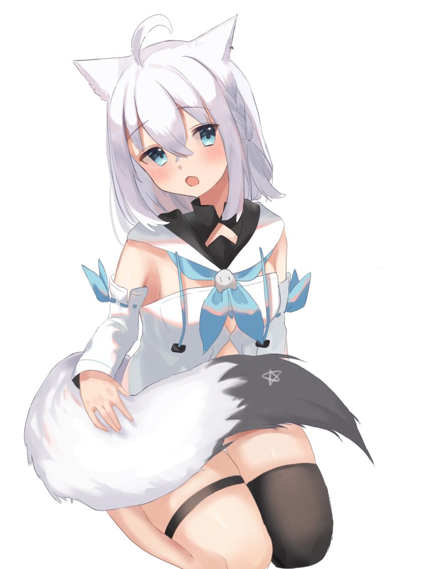 1girl, ahoge, animal_ears, ao_kotoha, black_thighhighs, blue_neckerchief, blush, braid