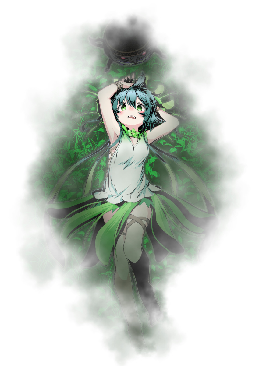 1girl, absurdres, arms_up, barefoot, dress, duel_monster, glowing, glowing_eyes
