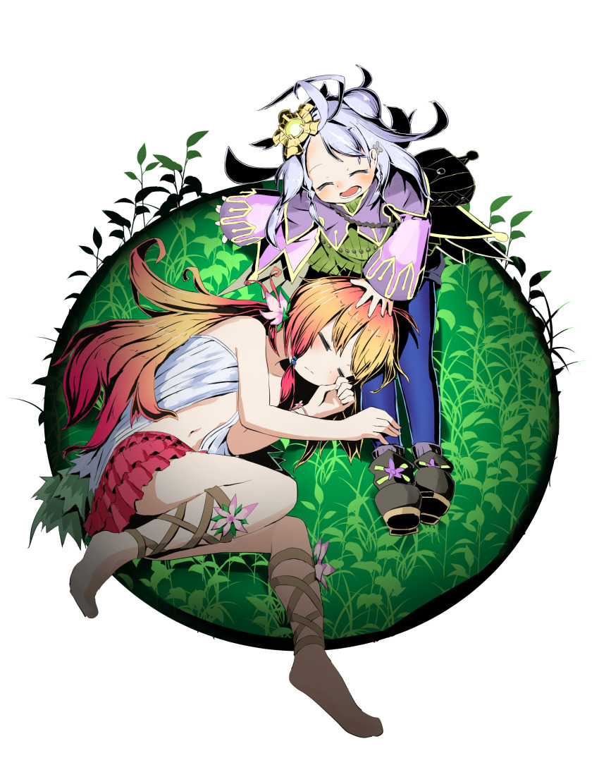 2girls, absurdres, aromaseraphy_jasmine, barefoot, black_footwear, blonde_hair, blue_legwear, dress