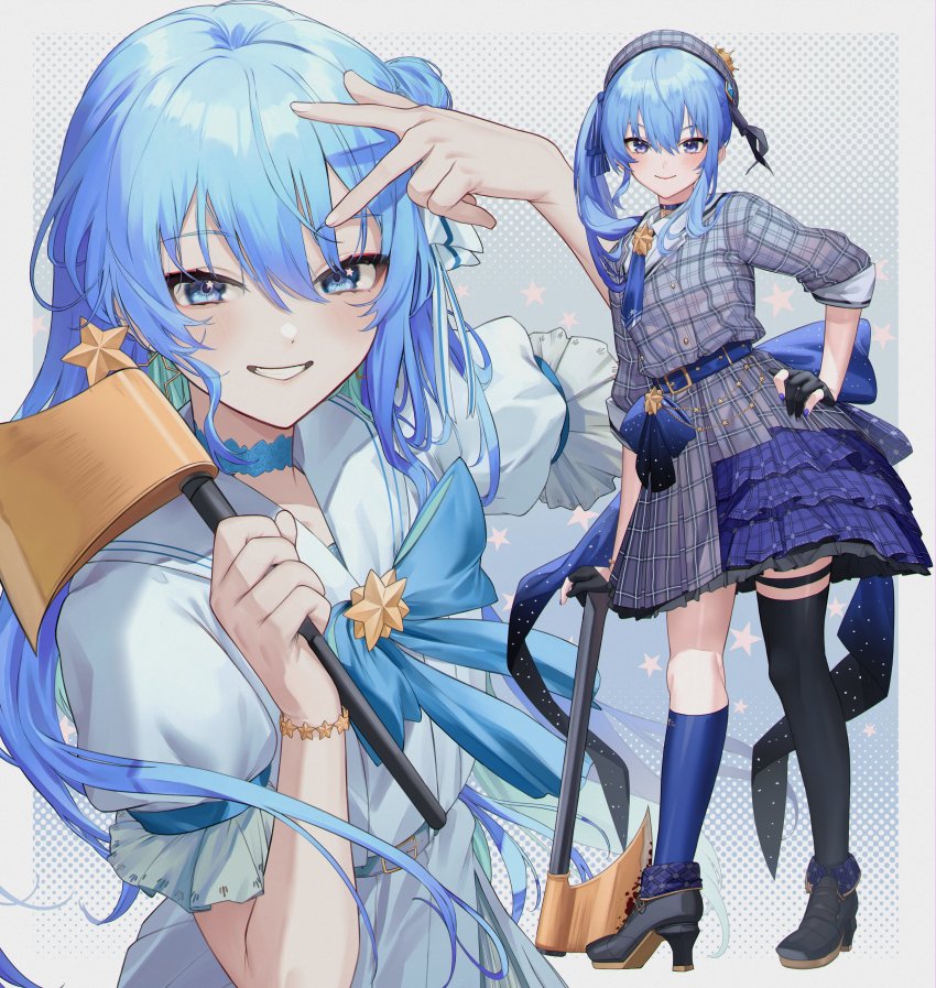 1girl, absurdres, asymmetrical_legwear, axe, blue_bow, blue_bowtie, blue_choker, blue_eyes