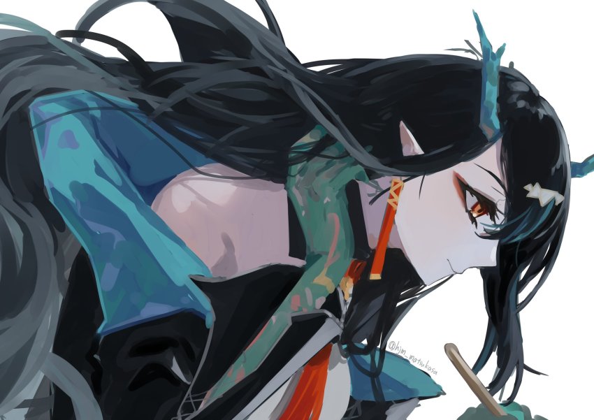 1girl, arknights, arm_tattoo, bare_shoulders, black_collar, black_hair, black_jacket, collar