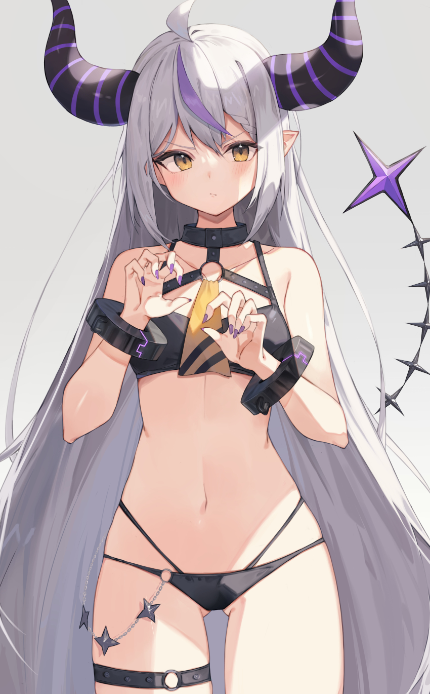 1girl, absurdres, ahoge, bad_id, bad_pixiv_id, bikini, blush, braid, demon_horns, gluteal_fold, hair_between_eyes, highres, hololive, horns, la+_darknesss, long_hair, looking_at_viewer, midriff, multicolored_hair, nail_polish, navel, o-ring, o-ring_bikini, pointy_ears, purple_hair, solo, streaked_hair, striped_horns, swimsuit, taht_(that_is_mm), very_long_hair, virtual_youtuber, yellow_eyes