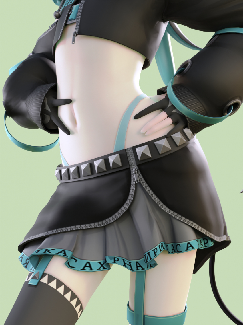 1girl, 3d, asymmetrical_gloves, belt, black_gloves, black_jacket, black_skirt, black_thighhighs