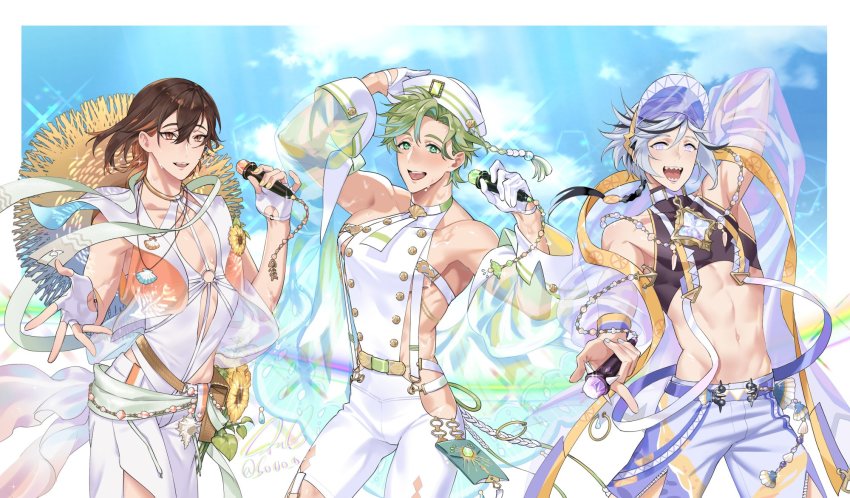 3boys, abs, adjusting_clothes, adjusting_headwear, aqua_nails, beads, black_hair, blade_(idol_apprentice)_(nu_carnival)
