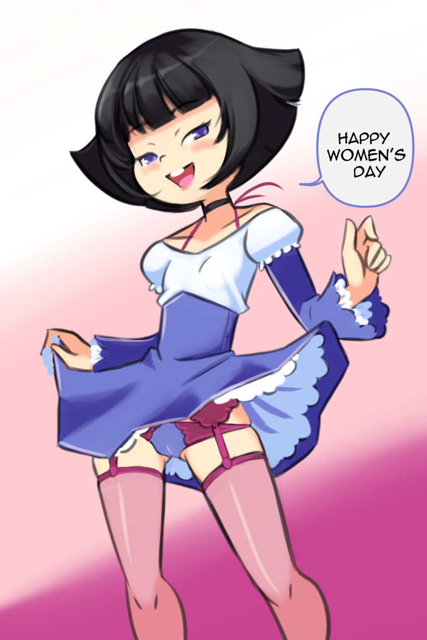 1girl, black_hair, blush, choker, clothes_lift, collarbone, drantyno, dress