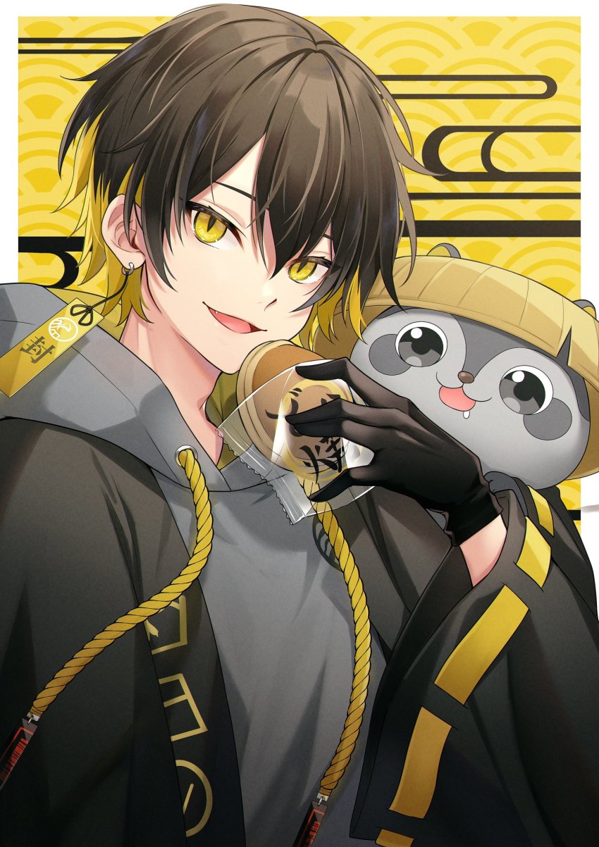 1boy, :d, ayumi_(as0206), black_gloves, black_hair, black_jacket, blonde_hair, dorayaki