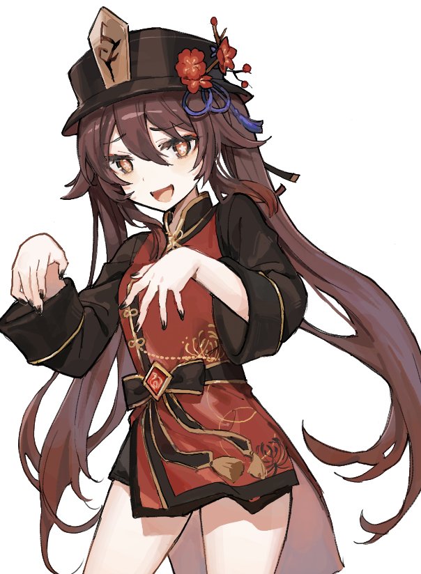 1girl, black_nails, blush, brown_hair, flower, flower-shaped_pupils, genshin_impact, gradient_hair